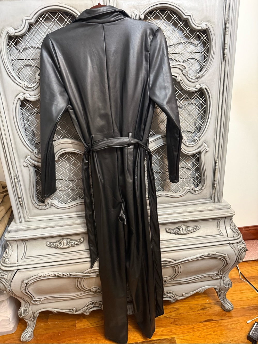 Fashion Nova Black Faux Leather Long Trench Coat with Belt